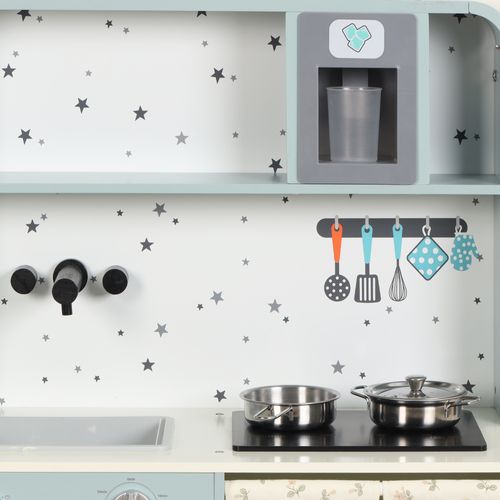 Cuisine Enfant Bois Bleue, Machine à Glaçons, Micro-ondes, Évier, Accessoires, 3 Ans+,60x29x81cm