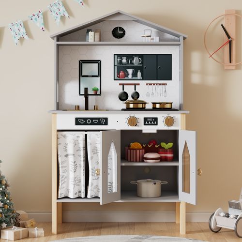 Cuisine Enfant Bois Grise 92cm, Évier + Robinet, Plaque, Rideau, Accessoires, 3 Ans+
