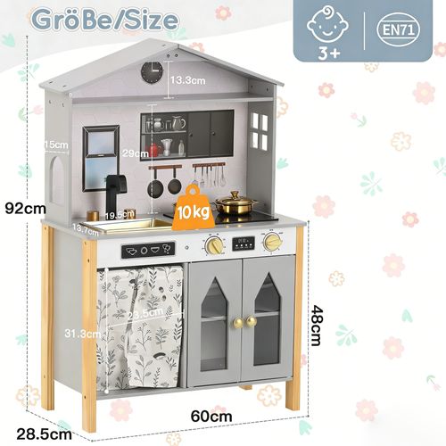 Cuisine Enfant Bois Grise 92cm, Évier + Robinet, Plaque, Rideau, Accessoires, 3 Ans+