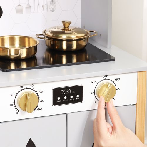 Cuisine Enfant Bois Grise 92cm, Évier + Robinet, Plaque, Rideau, Accessoires, 3 Ans+