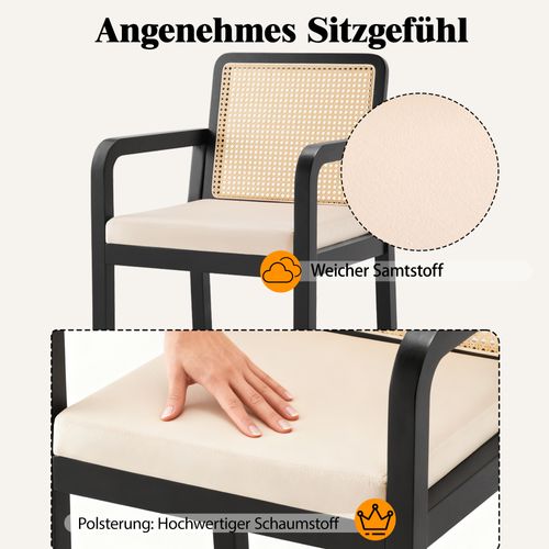 Lot De 4 Chaises Velours Crème/noir, Dossier Rotin Pe, Pieds Bois D’hévéa 56x57x83