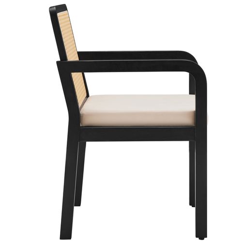 Lot De 6 Chaises Velours Crème/noir, Dossier Rotin Pe, Pieds Bois D’hévéa 56x57x83