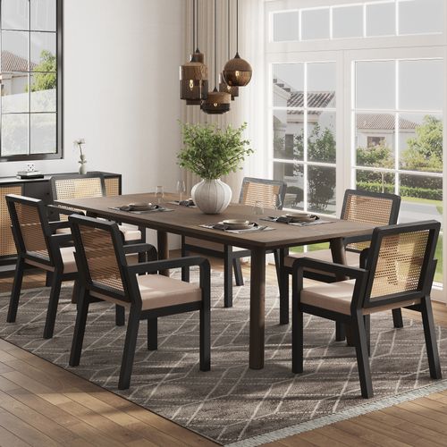 Lot De 6 Chaises Velours Crème/noir, Dossier Rotin Pe, Pieds Bois D’hévéa 56x57x83