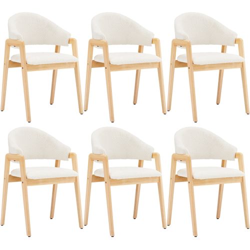 Lot De 6 Chaises Teddy Blanches, Velours Respirant, Pieds Bois D’hévéa 57.5x54.5x82.5