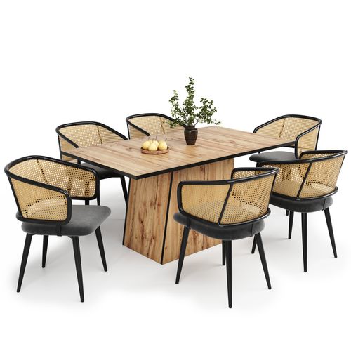 Lot De 6 Chaises Salle à Manger, Dossier Rotin, Assise Velours, Pieds Métal Effet Bois 150 Kg