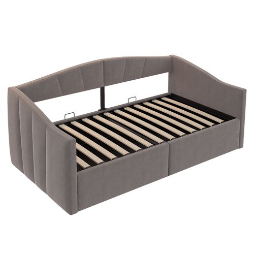 Lit Coffre 90x200 Velours à Rayures, Rangement Hydraulique, Sommier Inclus，gris
