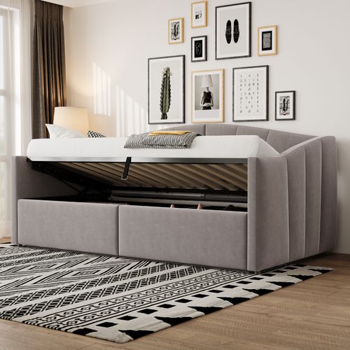 Lit Coffre 90x200 Velours à Rayures, Rangement Hydraulique, Sommier Inclus,gris Clair