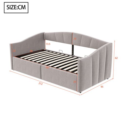 Lit Coffre 90x200 Velours à Rayures, Rangement Hydraulique, Sommier Inclus,gris Clair