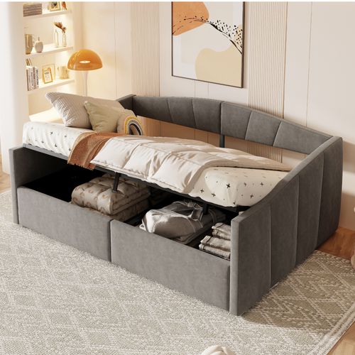 Lit Coffre 140x200 Velours à Rayures, Rangement Hydraulique, Sommier Inclus,gris