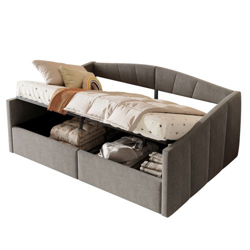 Lit Coffre 140x200 Velours à Rayures, Rangement Hydraulique, Sommier Inclus,gris