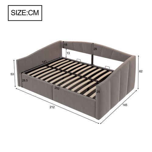 Lit Coffre 140x200 Velours à Rayures, Rangement Hydraulique, Sommier Inclus,gris