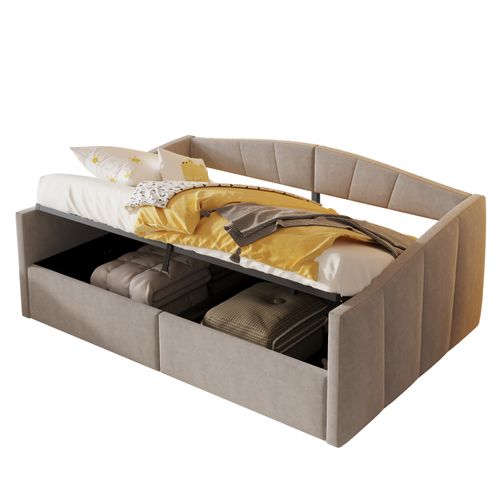 Lit Coffre 140x200 Velours à Rayures, Rangement Hydraulique, Sommier Inclus,gris Clair