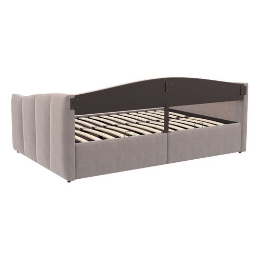 Lit Coffre 140x200 Velours à Rayures, Rangement Hydraulique, Sommier Inclus,gris Clair