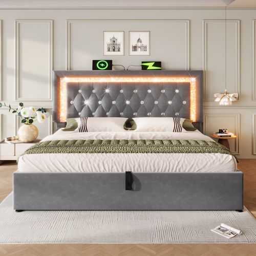 Lit Coffre 140x200 Velours Gris, LED Tête De Lit Diamant, USB/type-c