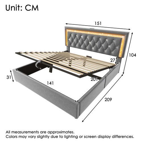 Lit Coffre 140x200 Velours Gris, LED Tête De Lit Diamant, USB/type-c