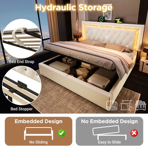 Lit Coffre 180x200 Velours Beige, LED Tête De Lit Diamant, USB/type-c