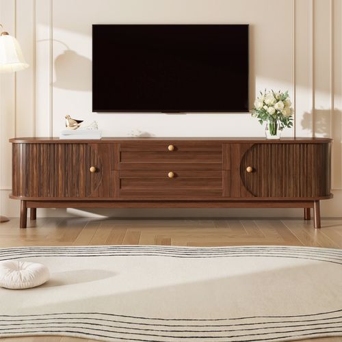 Meuble TV 170 Cm Noyer, Portes Coulissantes Effet Bambou, Tiroirs, Rangement, Mdf