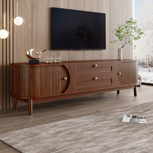 Meuble TV 170 Cm Noyer, Portes Coulissantes Effet Bambou, Tiroirs, Rangement, Mdf