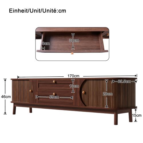 Meuble TV 170 Cm Noyer, Portes Coulissantes Effet Bambou, Tiroirs, Rangement, Mdf