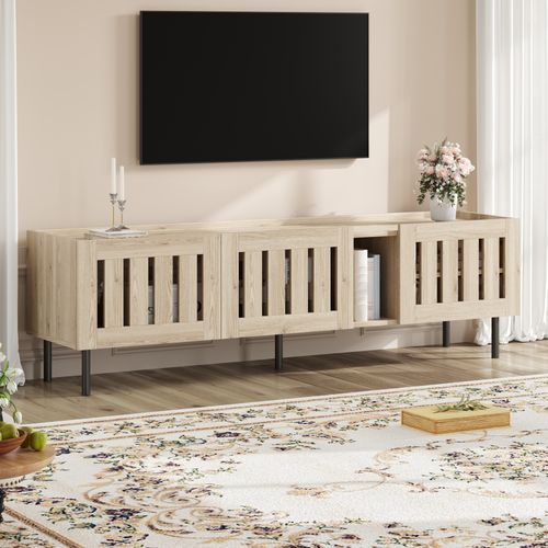 Meuble TV 160 Cm Bois Naturel, Portes Ajourées, Rangement, Passe-câbles, 5 Pieds, Mdf