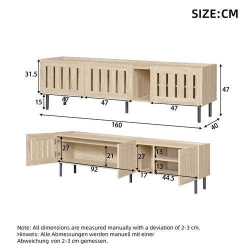 Meuble TV 160 Cm Bois Naturel, Portes Ajourées, Rangement, Passe-câbles, 5 Pieds, Mdf