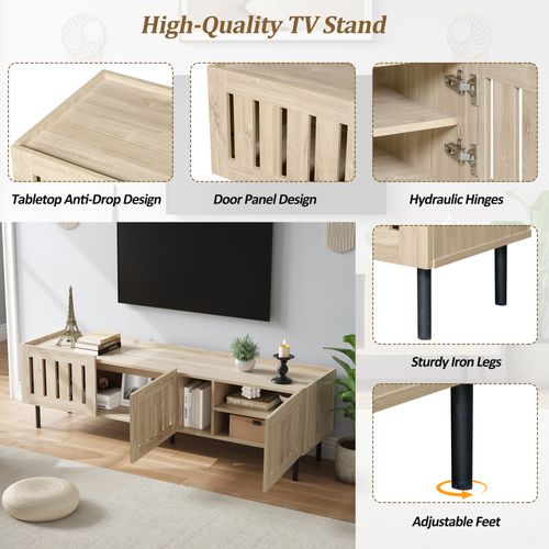 Meuble TV 160 Cm Bois Naturel, Portes Ajourées, Rangement, Passe-câbles, 5 Pieds, Mdf