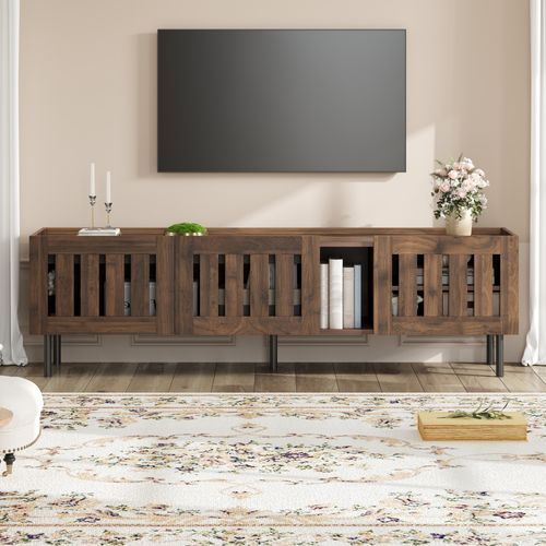 Meuble TV 160 Cm Noyer, Portes Ajourées à Lattes, Passe-câbles, 5 Pieds Métal, Mdf