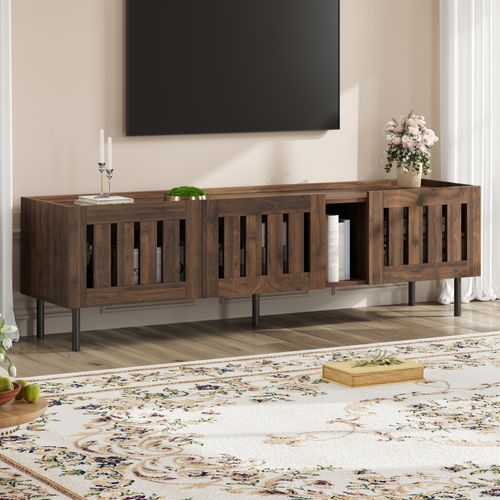 Meuble TV 160 Cm Noyer, Portes Ajourées à Lattes, Passe-câbles, 5 Pieds Métal, Mdf