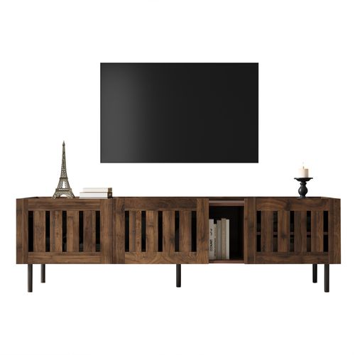 Meuble TV 160 Cm Noyer, Portes Ajourées à Lattes, Passe-câbles, 5 Pieds Métal, Mdf