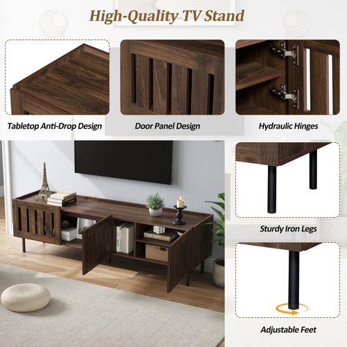 Meuble TV 160 Cm Noyer, Portes Ajourées à Lattes, Passe-câbles, 5 Pieds Métal, Mdf