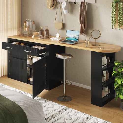 Table De Bar Extensible 137-215x39 Cm Sur Roulettes, Îlot Cuisine Rangement, Noir