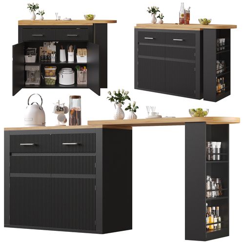Table De Bar Extensible 137-215x39 Cm Sur Roulettes, Îlot Cuisine Rangement, Noir