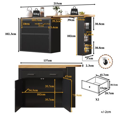 Table De Bar Extensible 137-215x39 Cm Sur Roulettes, Îlot Cuisine Rangement, Noir