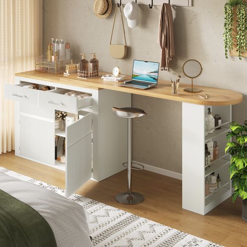 Table De Bar Extensible 137-215x39 Cm Sur Roulettes, Îlot Cuisine Rangement,blanc