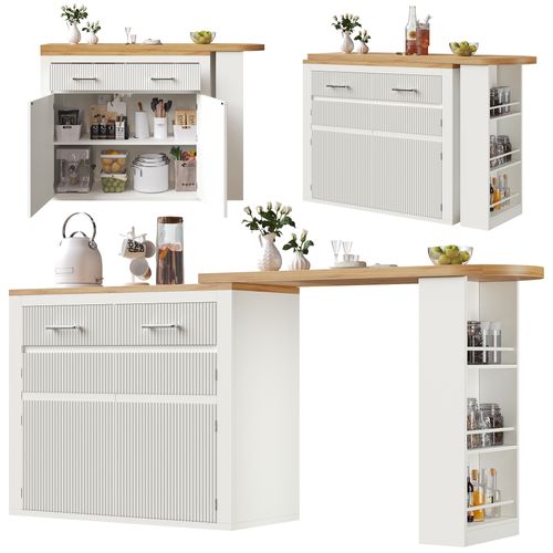 Table De Bar Extensible 137-215x39 Cm Sur Roulettes, Îlot Cuisine Rangement,blanc
