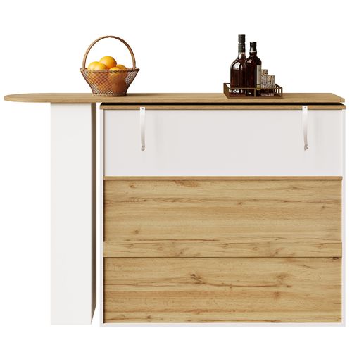 Table De Bar Pivotante 360° Extensible 138-204x39, 2 Tiroirs, Porte Vitrée Arc,blanc