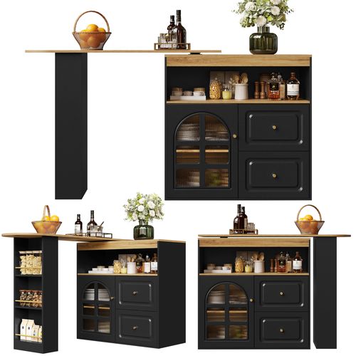 Table De Bar Pivotante 360° Extensible 138-204x39, 2 Tiroirs, Porte Vitrée Arc,noir