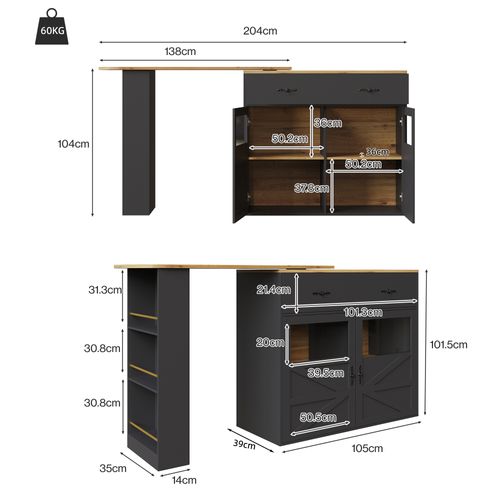 Table De Bar Extensible 138-204x39x104, Pivotante 360°, Rangement, Noir