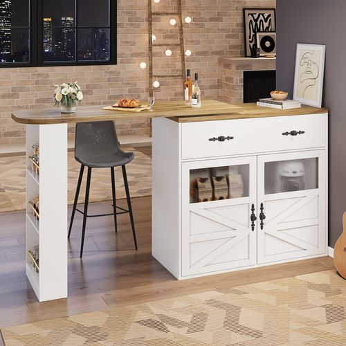 Table De Bar Extensible 138-204x39x104, Pivotante 360°, Rangement,blanc