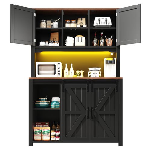 Buffet Haut Cuisine 115x40x174.7 Cm, Meuble Rangement, Portes Coulissantes, LED, 2 Tiroirs,noir