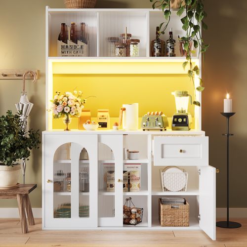 Vitrine Buffet Haut 120x35x167 Cm, Meuble Rangement, Portes Coulissantes Verre, LED,blanc