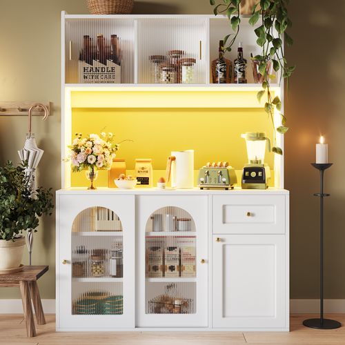 Vitrine Buffet Haut 120x35x167 Cm, Meuble Rangement, Portes Coulissantes Verre, LED,blanc
