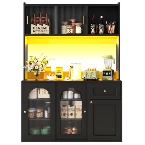 Vitrine Buffet Haut 120x35x167 Cm, Meuble Rangement, Portes Coulissantes Verre, LED,noir