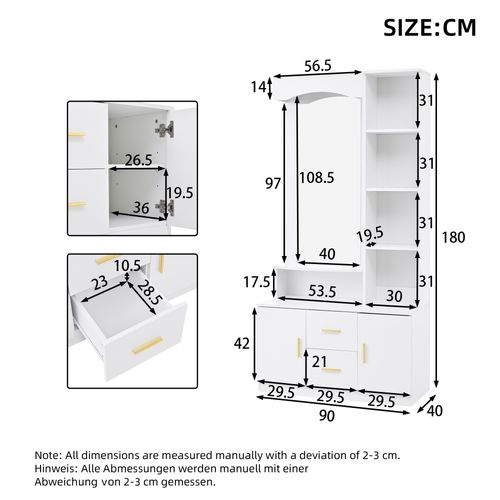 Meuble D’entrée 90x40x180 Cm, Armoire à Chaussures Avec Miroir, Étagères, Blanc