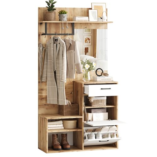 Meuble D’entrée 100x38.5x190, Miroir, Banc, 1 Tiroir, 2 Abattants, Blanc/bois
