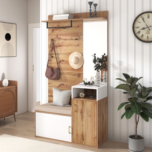 Vestiaire D’entrée 105x40x190,5 Avec Miroir, Banc, Meuble à Chaussures 9-12 Paires, Blanc/bois