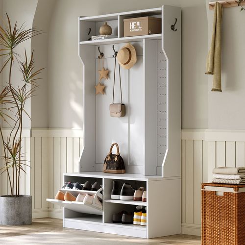 Vestiaire D’entrée 100x40x185,5 Blanc Avec Banc, 6 Crochets, Placard Et Rangements Chaussures