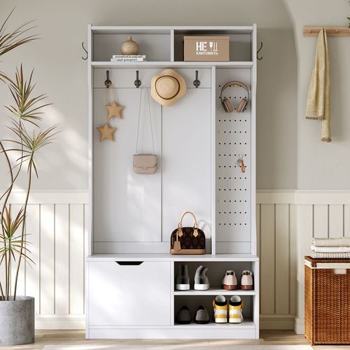 Vestiaire D’entrée 100x40x185,5 Blanc Avec Banc, 6 Crochets, Placard Et Rangements Chaussures