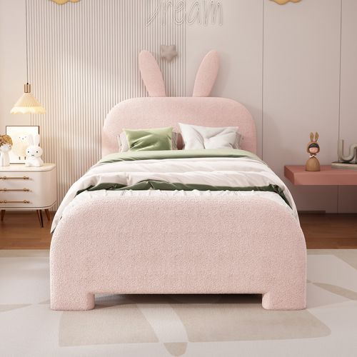 Lit Enfant 90x200 Lapin Cartoon Rose, Laine Douce, 2 Tiroirs Gauche/droite, 150 Kg