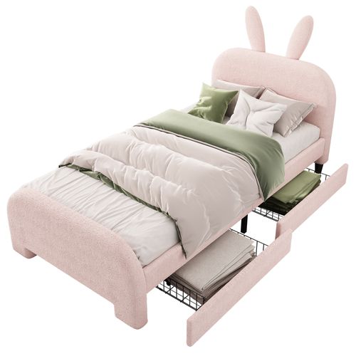 Lit Enfant 90x200 Lapin Cartoon Rose, Laine Douce, 2 Tiroirs Gauche/droite, 150 Kg